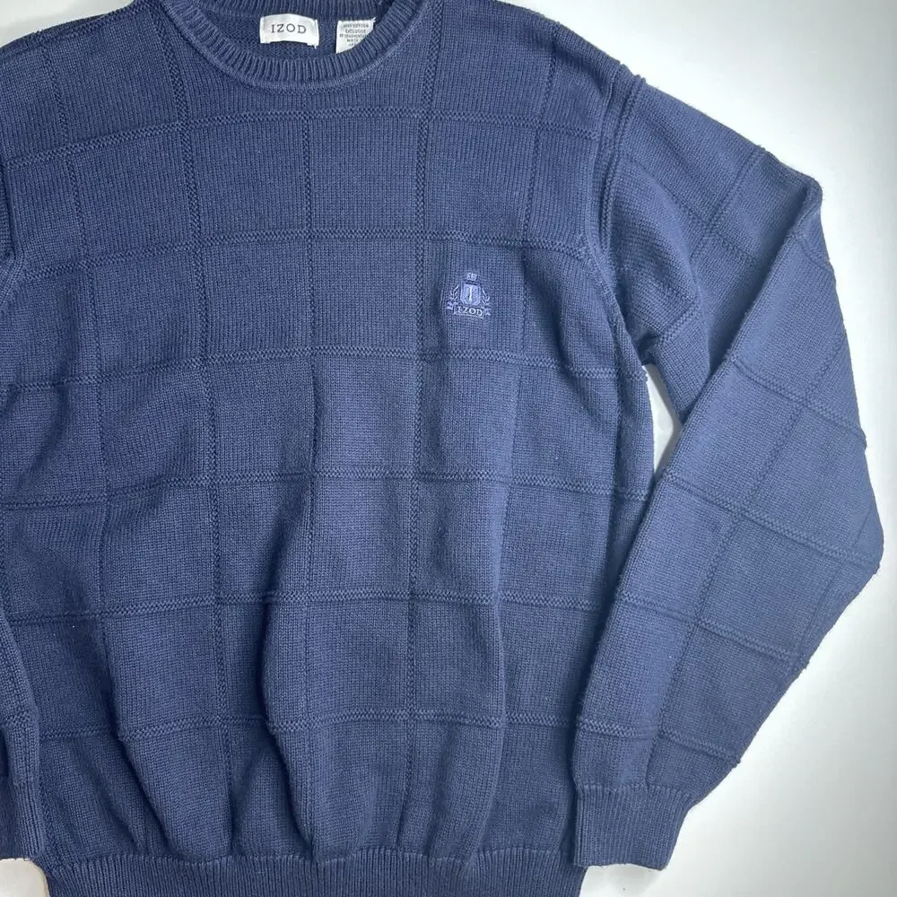 Vintage IZOD Sweater Mens Medium Navy Blue Textured Knit Crewneck Fisherman 90s